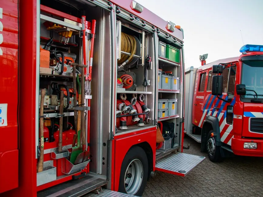 Detailed view of open fire truck compartments showing various firefighting equipment and tools.